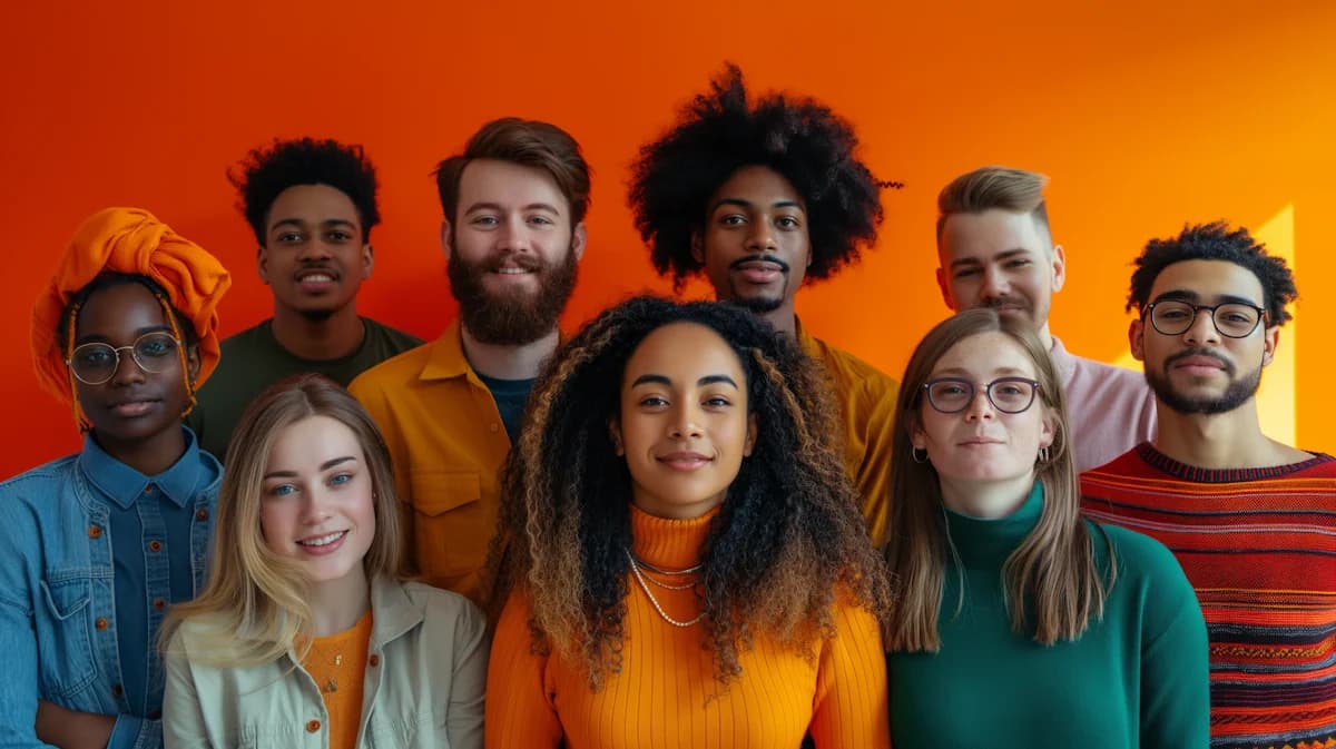 A group of young creative professionals together against a warm orange backdrop